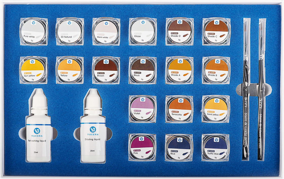 Unieke Smile Solutions Yucera 18-kleuren Keramische Zirkoniumoxide Kleurkit Natuurlijke Glans voor Tandtechnische Laboratoriumcreaties